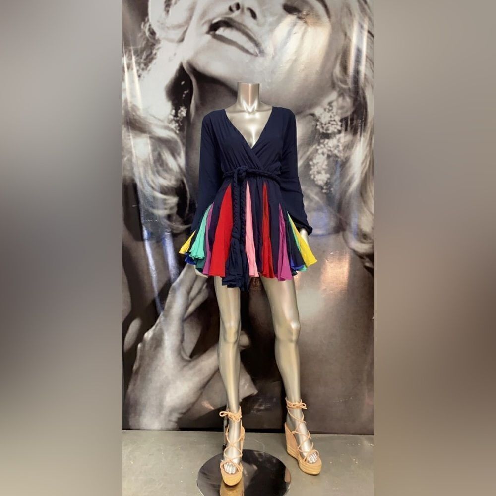 L’ATISTE Rainbow Pleated Mini Dress Size M NWT Colorblock Skater Dress - Picture 10 of 10
